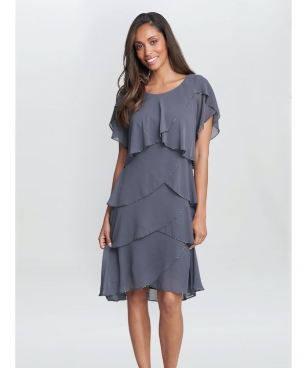 Gina Bacconi Womens Trysta Bugle Beaded Trim Tiered Cocktail Dress With Flitter Sleeves - Metallic - Size 22 UK