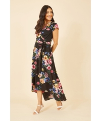 Mela London  Black Floral Wrap Over Dipped Hem Midi Dress