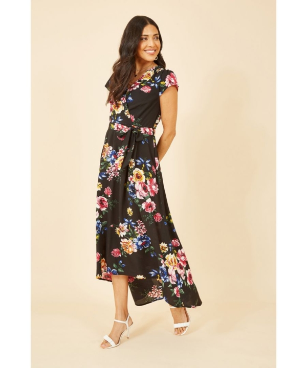 Mela London Womens Black Floral Wrap Over Dipped Hem Midi Dress - Size 22 UK