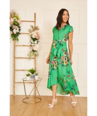 Mela London  Green Bright Floral Dip Hem Wrap Midi Dress