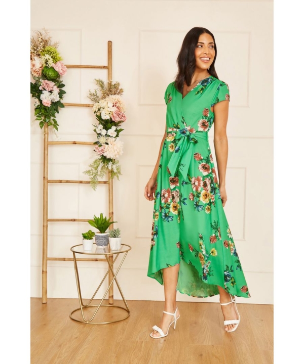 Mela London Womens Green Bright Floral Dip Hem Wrap Midi Dress - Size 22 UK