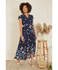 Mela London  Navy Butterfly Print Dip Hem Midi Wrap Dress