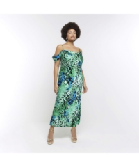 River Island  Slip Midi Dress Plus Green Satin Animal Print Viscose