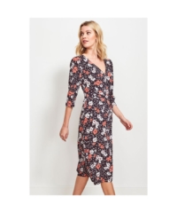 Sosandar  Black & Pink Floral Print Wrap Dress