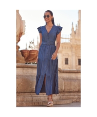 Sosandar  Indigo Blue Ruffle Sleeve Tiered Hem Midi Dress