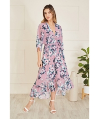 Yumi  Blush Floral Kimono Dipped Hem Dress – Pink