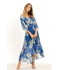 Yumi  Floral Print Kimono Midi Wrap Dress Blue