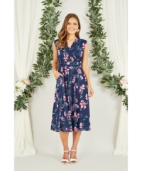 Yumi  Navy Floral Print Mesh Stretch Midi Dress With Pockets