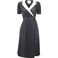 “Peggy” Wrap Dress in Black with Cream Contrast Collar, Classic 1940s Vintage Style