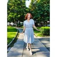 “Lisa Fit & Flare” Tea Dress in Powder Blue Rose Print, Authentic 1940s Vintage Style