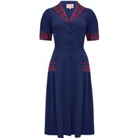 The “Loopy-Lou” Shirtwaister Dress in Navy with Contrast Red RicRac, True 1950s Vintage Style