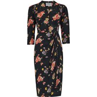 “Mabel” 3/4 Length Sleeve Waterfall Dress in Atomic Print Satin, A Classic 1940s Inspired Vintage Style