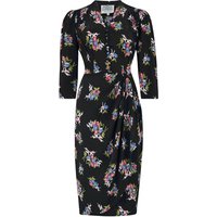 “Mabel” 3/4 Sleeve Waterfall Dress in Black Floral Dancer, A Classic 1940s True Vintage Inspired Style