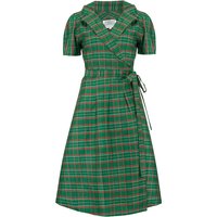 “Peggy” Wrap Dress in Green Taffeta Tartan, Classic 1940s Vintage Style