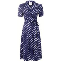 “Peggy” Wrap Dress in Navy with Polka Dot Spot, Classic The 1940s Vintage Inspired Style