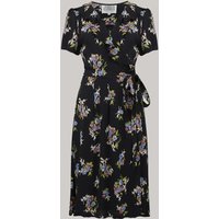 “Peggy Ruffle” Wrap Dress In Black Floral, Classic 1940s True Vintage Style