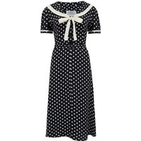 Patti Dress In 1940s Black With White Polka dot And Contrast Collar, Authentic true vintage style