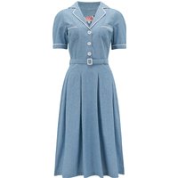 The “Kitty” Shirtwaister Dress in Lightweight Denim Cotton Chambray with Contrast Ric-Rac, True Late 40s Early 1950s Vintage Style