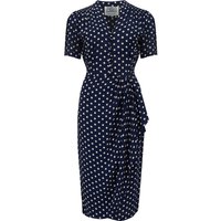 “Mabel” Waterfall Dress in Navy Polka Dot, A Classic 1940s Inspired Vintage Style