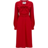 “Eva” Dress in 40s Red , Classic 1940’s Style Long Sleeve Dress with Pussy Bow Tie Neck