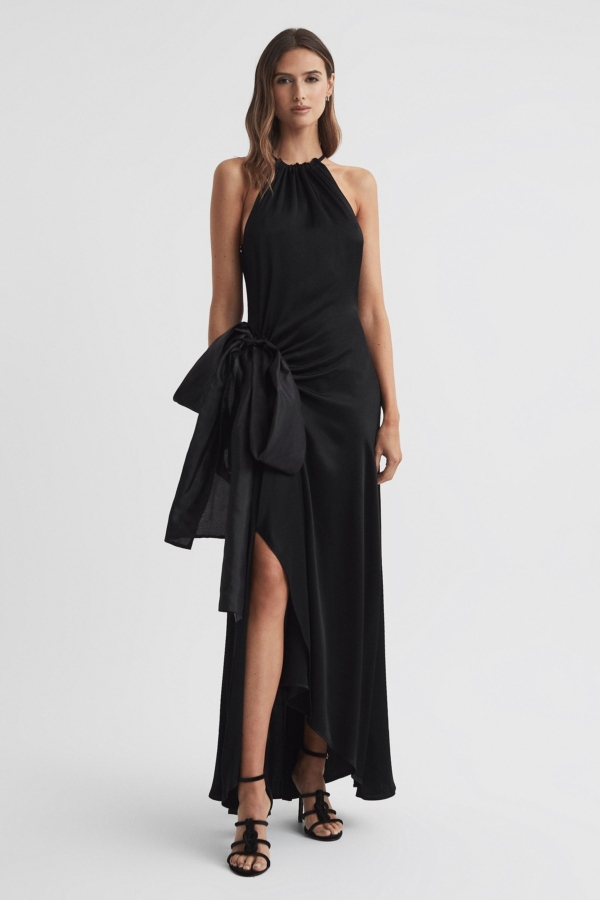 Luna - Black Satin Bow Halterneck Maxi Dress