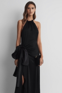 Luna – Black Satin Bow Halterneck Maxi Dress