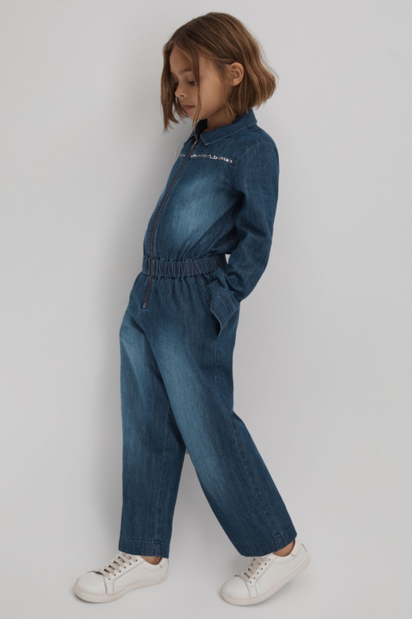 Marnie - Blue Teen Elasticated Embellished Denim Jumpsuit