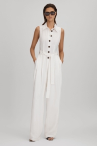 Perla – White Petite Belted Wide Leg Jumpsuit