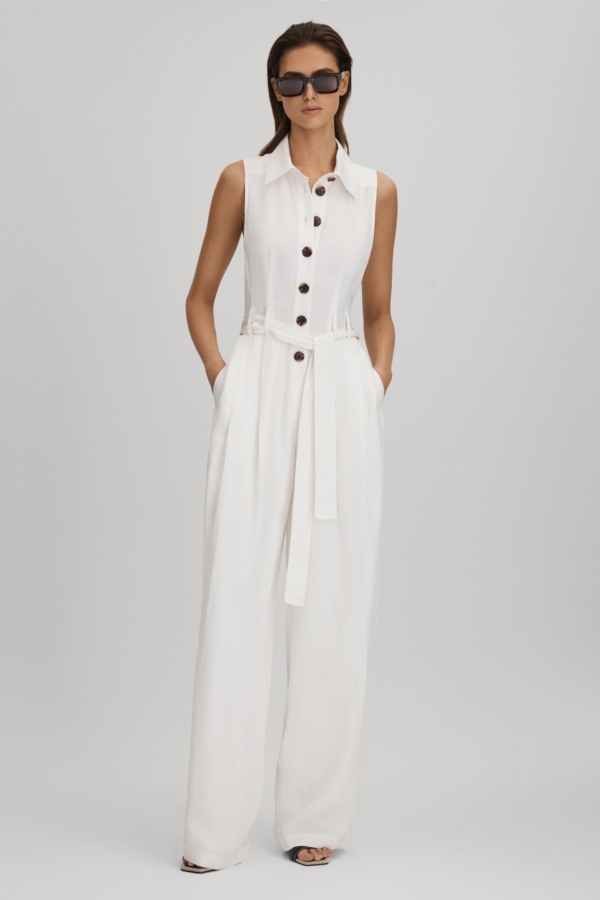 Perla - White Petite Belted Wide Leg Jumpsuit