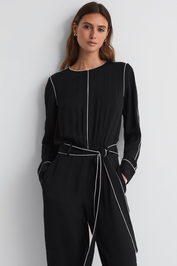 Esther - Black Belted Trim Jumpsuit