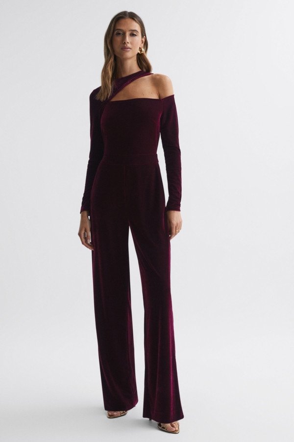 Adele - Berry Velvet Off-The-Shoulder Jumpsuit