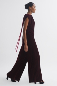 Florere – Relaxed Fit Velvet Tie Neck Jumpsuit, Burgundy