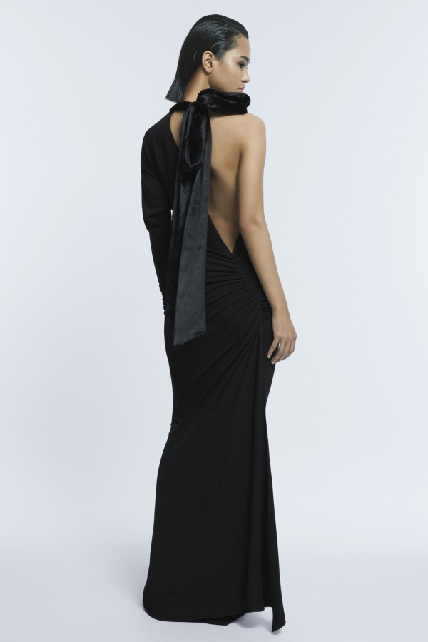 Atelier - Black Fitted One-Shoulder Velvet Bow Maxi Dress