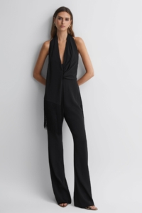 Halston Tamra – Halter Neck Tassel Jumpsuit, Black