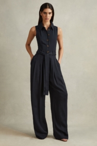 Perla – Navy Belted Wide Leg Jumpsuit