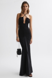 Thalia – Black Fitted Plunge Neck Satin Maxi Dress