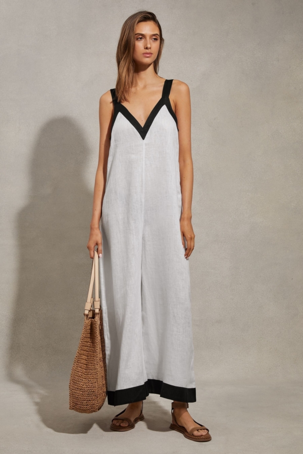 Aida - White/Navy Linen Wide Leg Jumpsuit