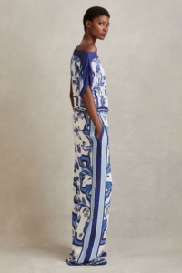 Diana – Blue Tile Print Off-The-Shoulder Jumpsuit