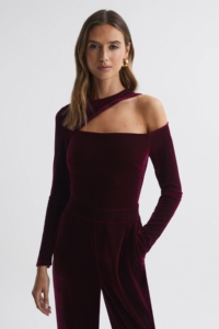 Adele – Berry Adele Petite Velvet Off-The-Shoulder Jumpsuit