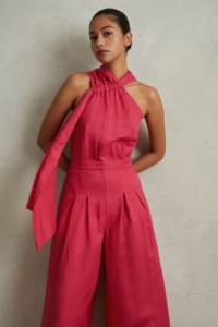 Selena – Coral Linen Blend Drape Jumpsuit