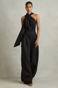 Selena – Black Linen Blend Drape Jumpsuit