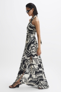 Hallie – Black/White Printed Halter Neck Maxi Dress