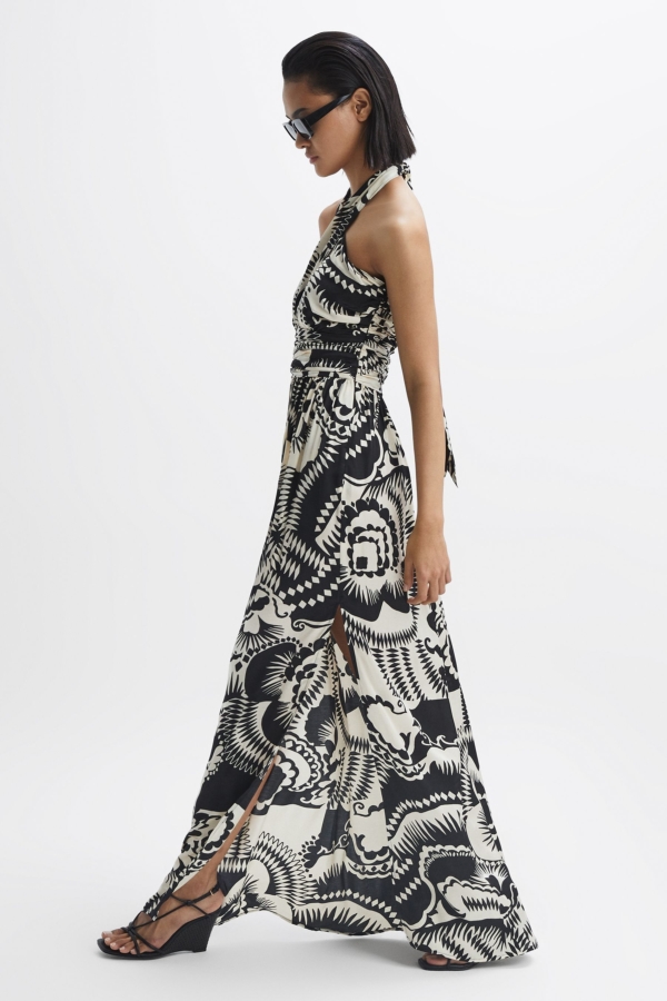 Hallie - Black/White Printed Halter Neck Maxi Dress