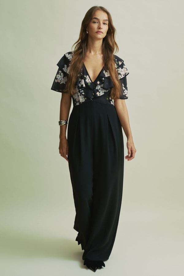 Florere Frill Sleeve Wide Leg Black Jumpsuit