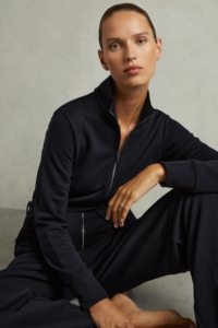 Nina – Navy Belted Loopback-Jersey Jumpsuit