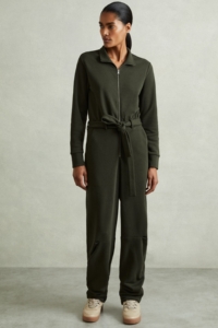 Nina – Khaki Belted Loopback-Jersey Jumpsuit