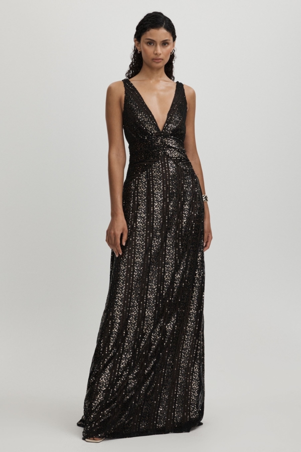 Halston Plunge Neck Maxi Dress