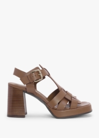 ALPE Mesa Tan Leather Cage Block Heel Sandals Size: 39, Colour: Tan Le