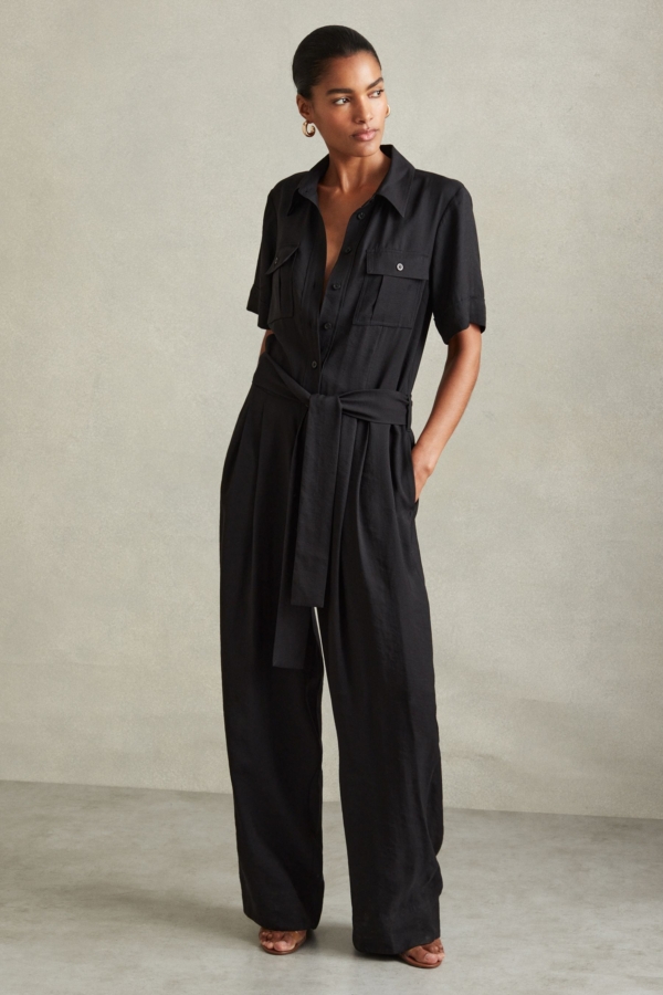 Joanie - Black Belted Utility Wide Leg Jumpsuit