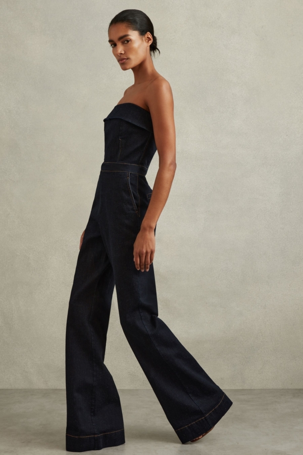 Tiggie - Indigo Denim Strapless Wide Leg Jumpsuit